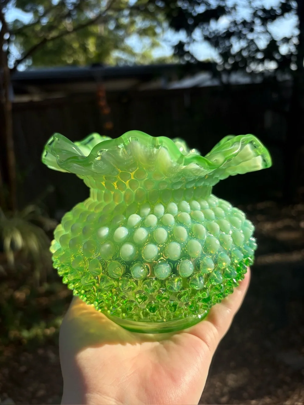 Fenton Rose Bowl Lime Green Opalescent Hobnail Glows!